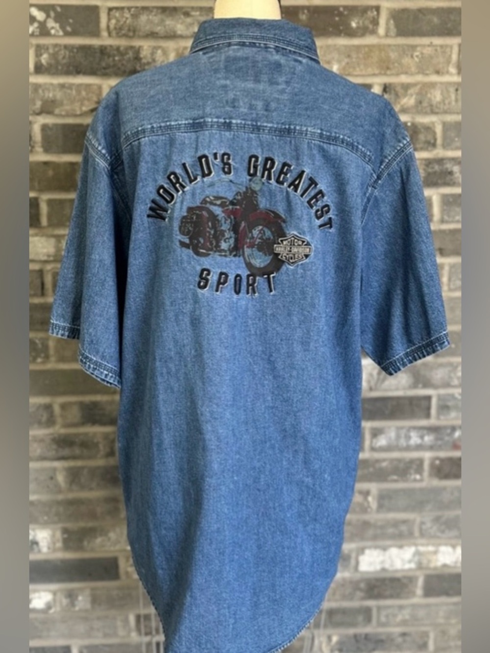 Harley Davidson Denim Short Sleeve Button Up Shirt Mens M World’s Greatest Sport